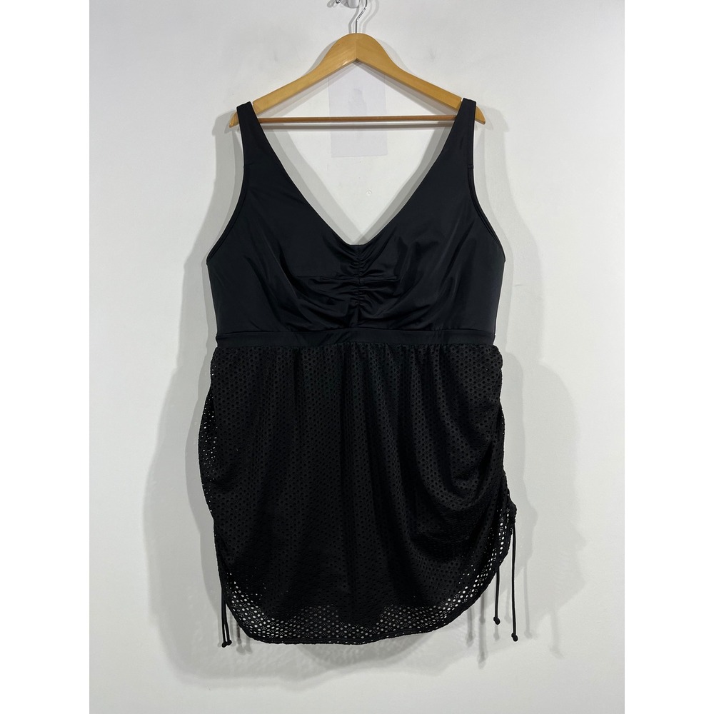 Cacique Swim Dress Beachy Resort Eyelet Mesh Ruched V-Neck Swimsuit Womens 28